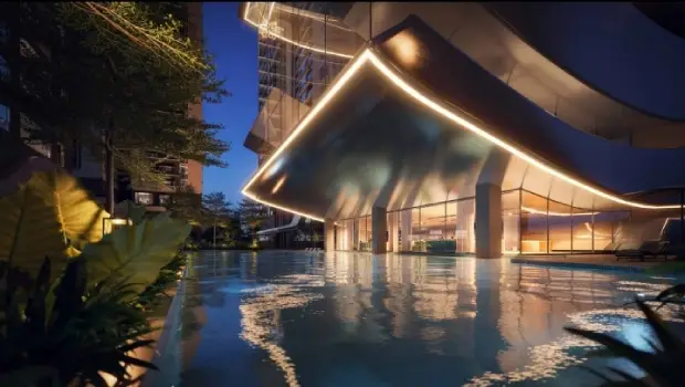 MSN Neopolis Apartment night view of swimming pool by MSN Realty located at Neopolis, Hyderabad Telangana